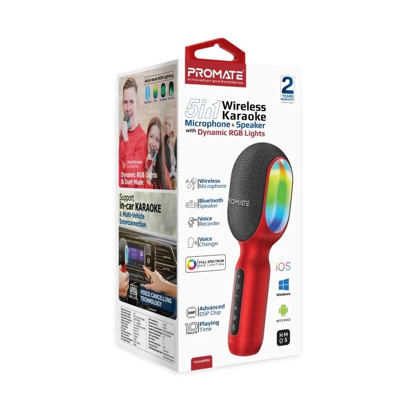 Promate VocalMic (5-in-1 Wireless Karaoke Microphone & Speaker with Dynamic RGB Lights)