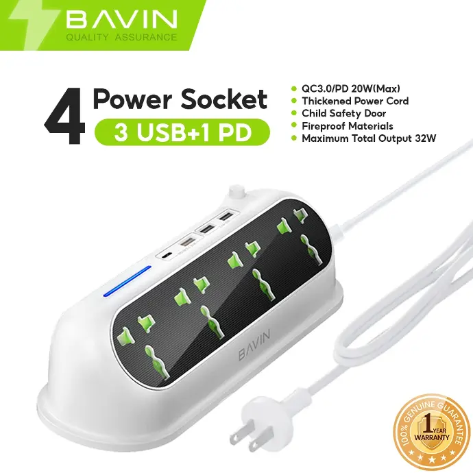 BAVIN PC825 32W Charging Extension MultiJack Station w/ 4Socket 3USB Port