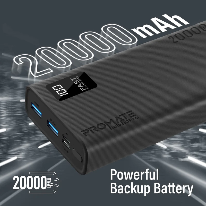 Promate Bolt-20Pro 20000mAh Compact Smart Charging Power Bank with Dual USB-A & USB-C Output
