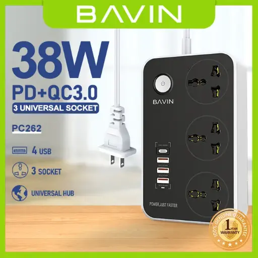 BAVIN PC262 7 in 1 USB Charger HUB Extension w/ PD 20W Type-C Plus USB 3.0 18W & 3x Power Socket